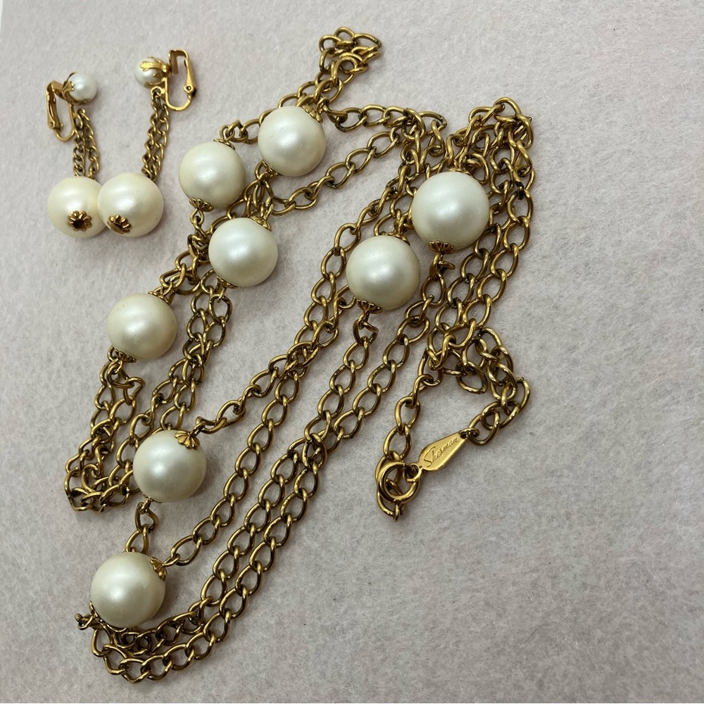 Vintage Sherman Faux Pearl & Gold Tone Chain Necklace + Clip-On Earrings Set